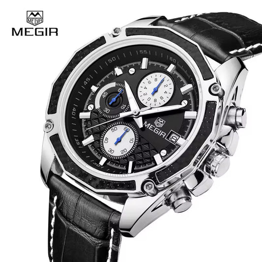 MEGIR SALT – Bracelet Cuir Noir Chronographe