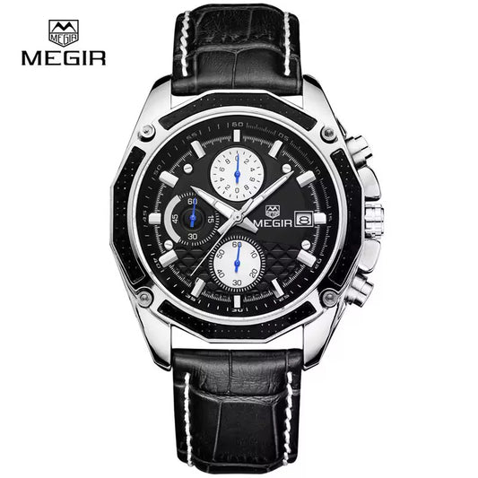 MEGIR SALT – Bracelet Cuir Noir Chronographe